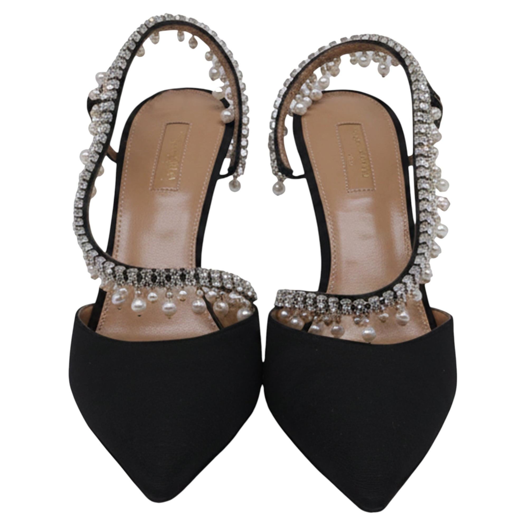 Pre-owned Aquazzura Embellished Slingback Pumps In Black Satin