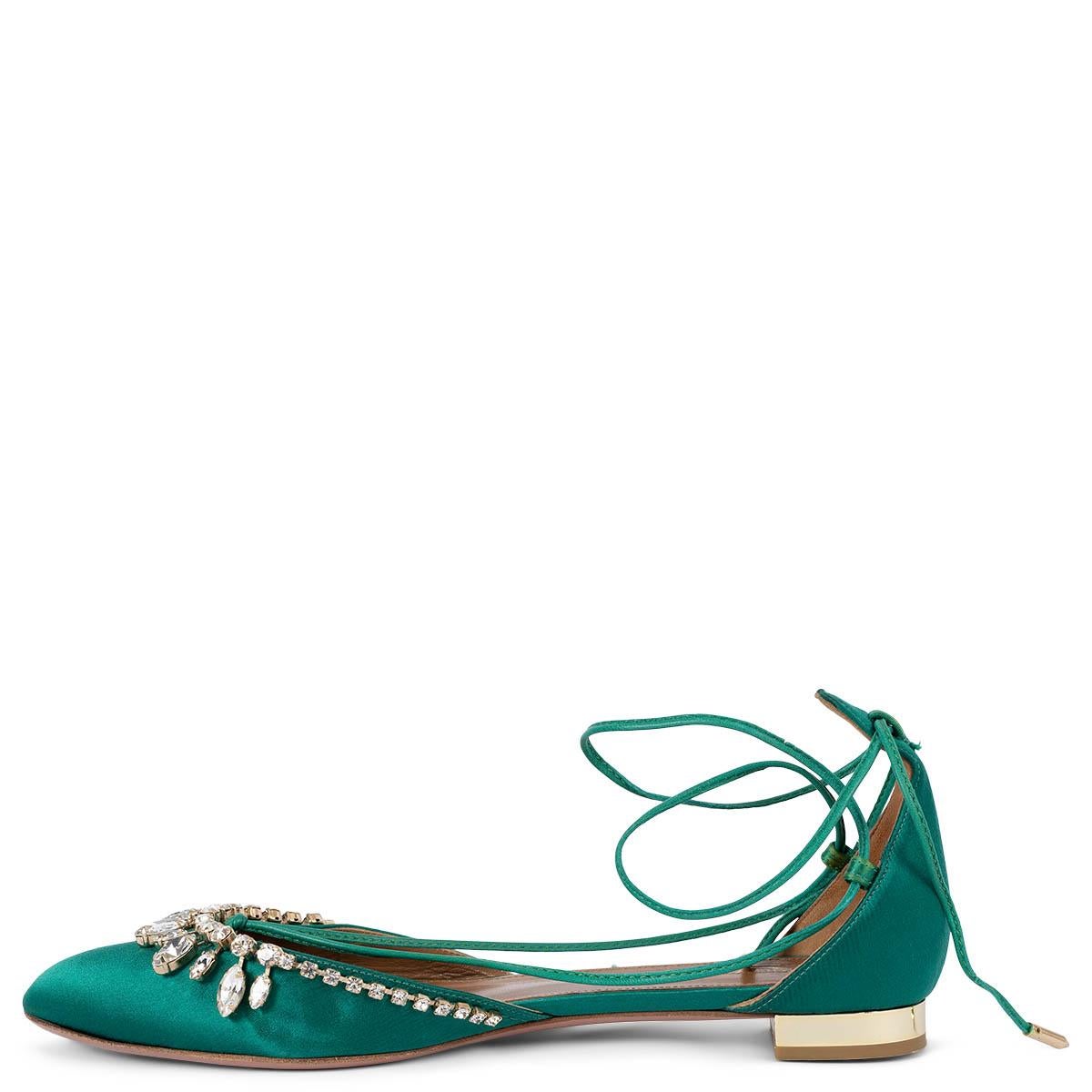 AQUAZZURA emerald green ALEXA CRYSTAL LACE-UP Flats Shoes 40 fit 39 In Good Condition For Sale In Zürich, CH