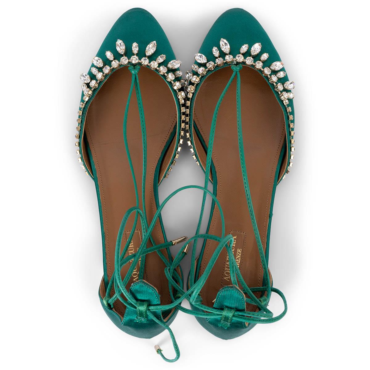 AQUAZZURA emerald green ALEXA CRYSTAL LACE-UP Flats Shoes 40 fit 39 For Sale 1