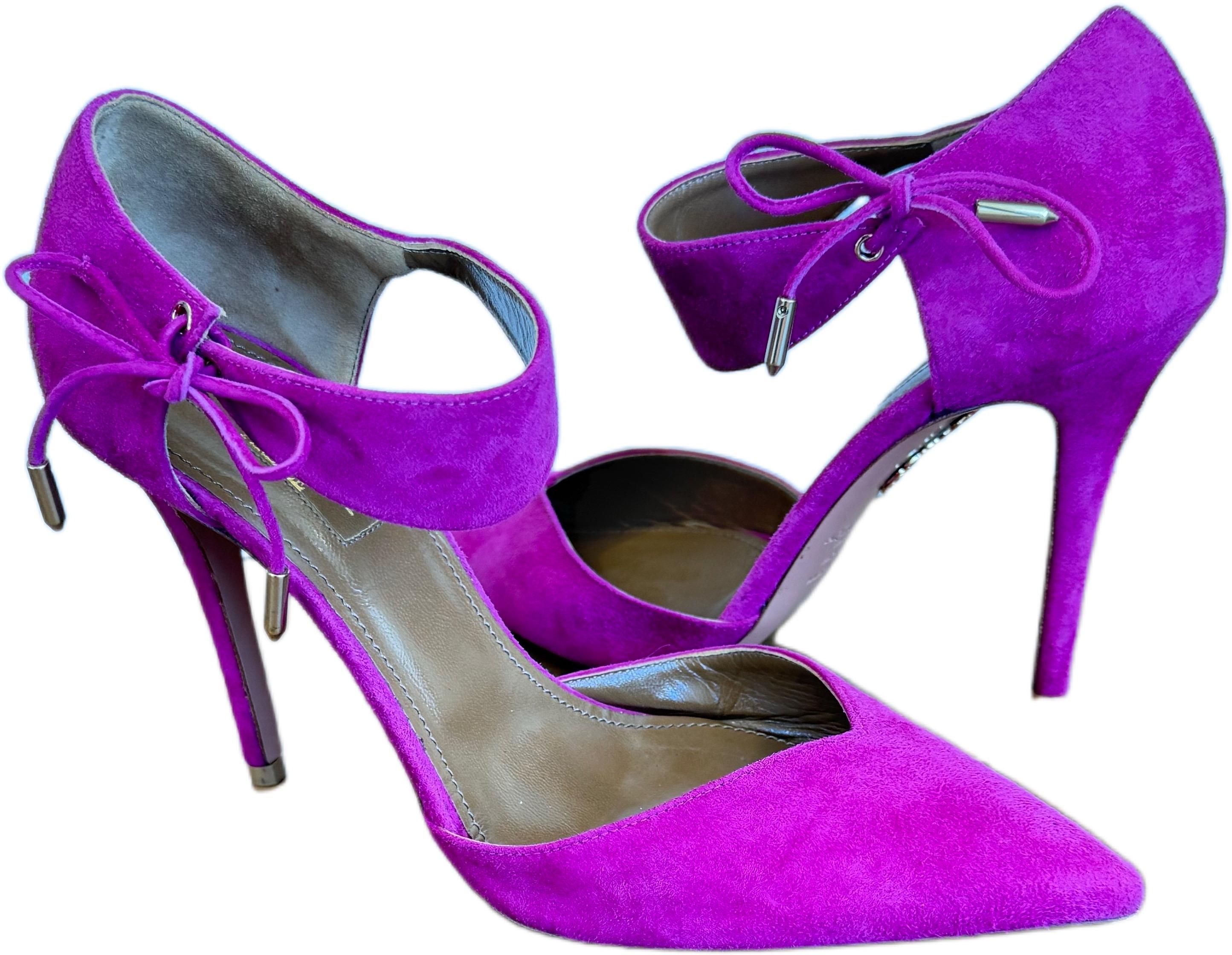 Purple Aquazzura Fuchsia Suede Ankle Strap Heels Sz 37 US 7 Pointed Toe Stilettos Pumps For Sale