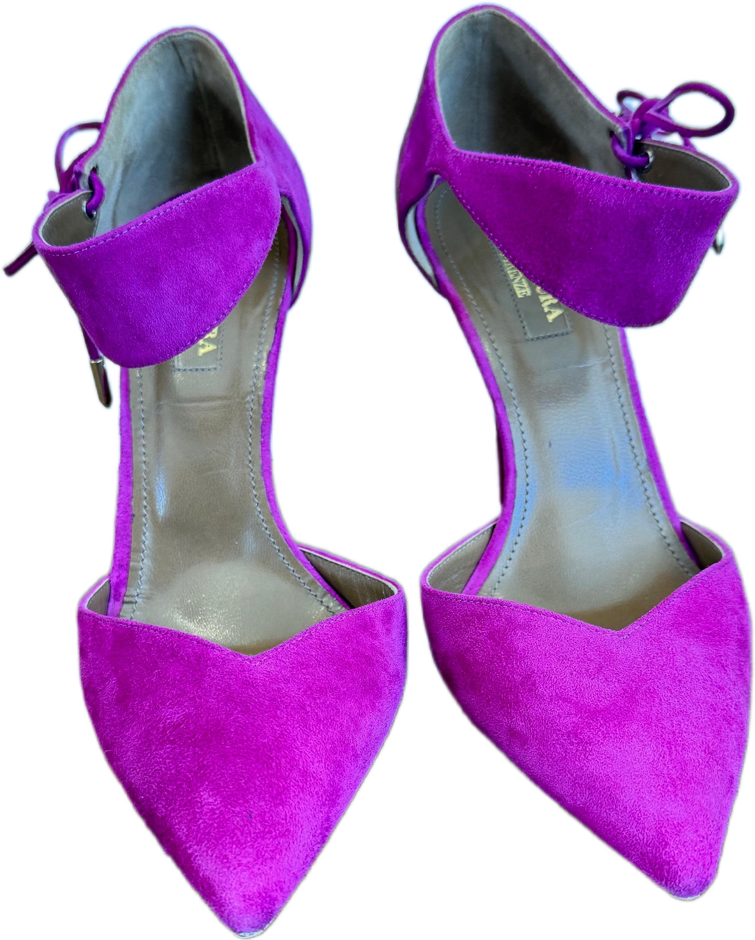 Aquazzura Fuchsia Suede Ankle Strap Heels Sz 37 US 7 Pointed Toe Stilettos Pumps For Sale 1