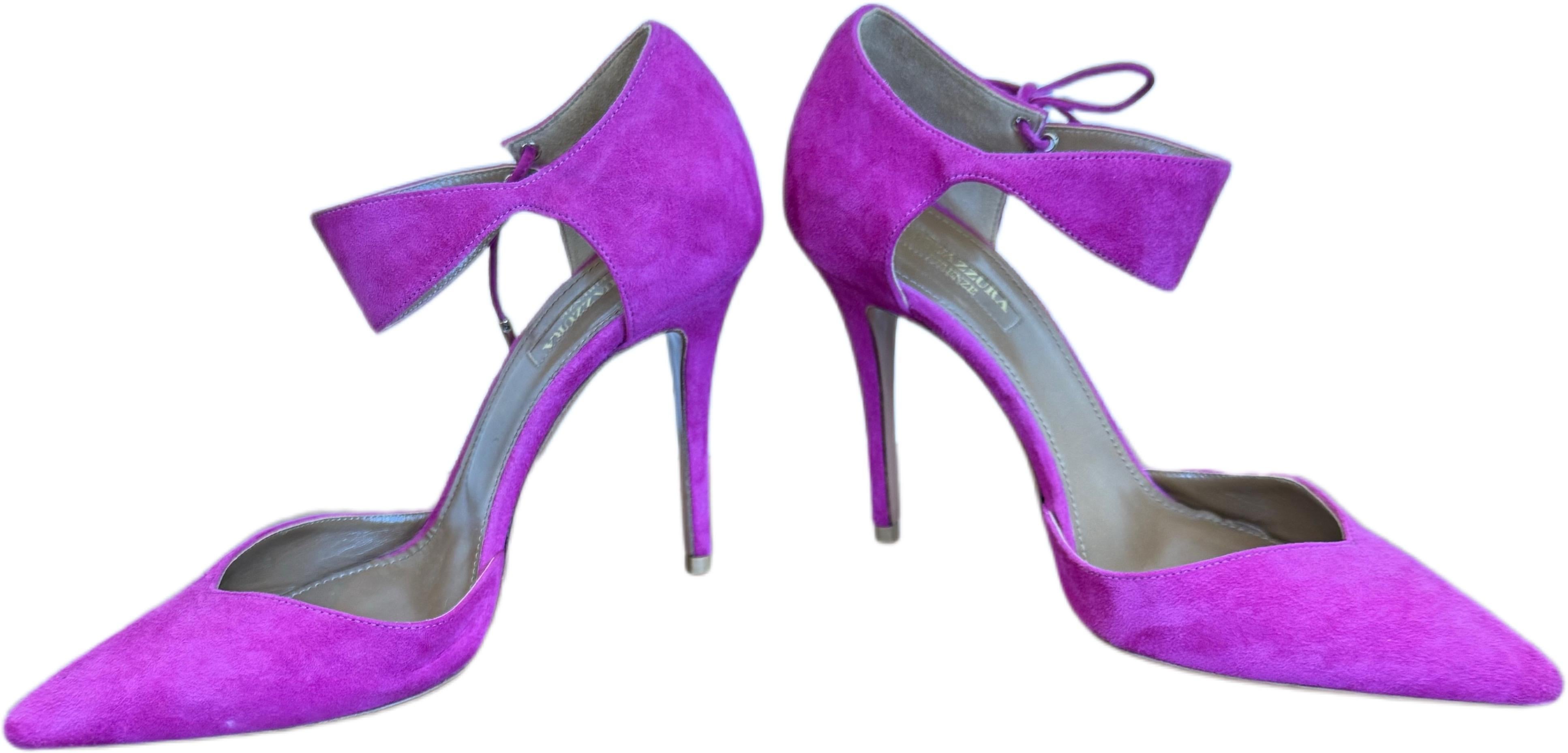Aquazzura Fuchsia Suede Ankle Strap Heels Sz 37 US 7 Pointed Toe Stilettos Pumps For Sale 2