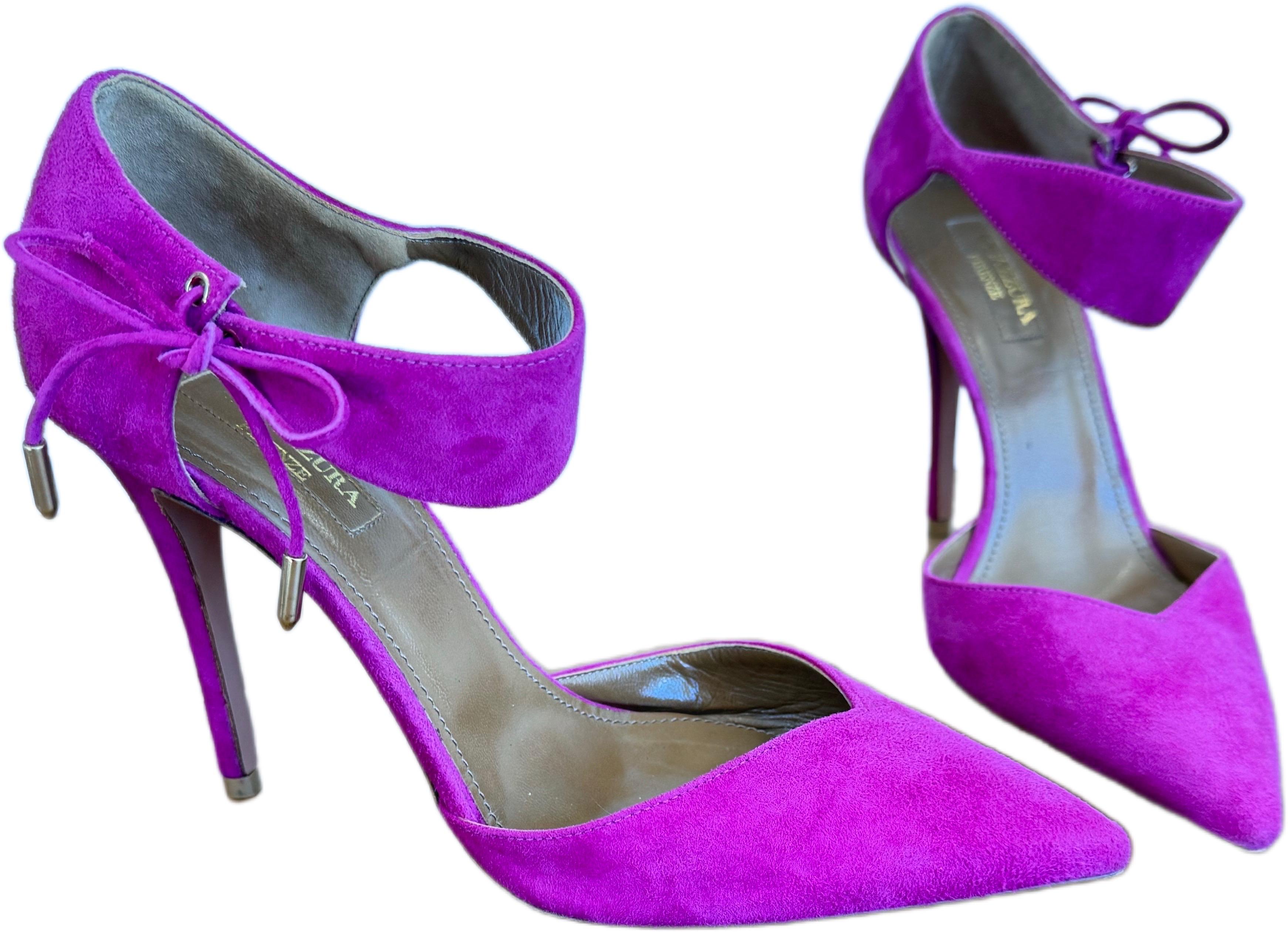 Aquazzura Fuchsia Suede Ankle Strap Heels Sz 37 US 7 Pointed Toe Stilettos Pumps For Sale 3
