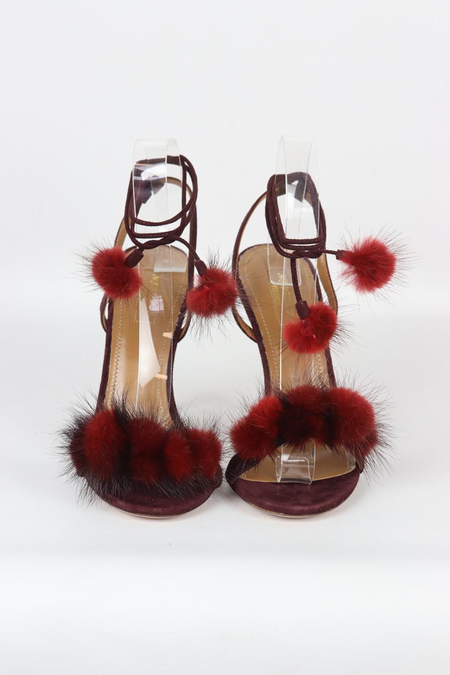 Aquazzura fur trimmed suede sandals. Burgundy. Tie fastening at side. Does not come with dustbag or box. Size: EU 38.5 (UK 5.5, US 8.5). Heel Height: 3 in. Insole: 9.5 in. Very good condition - Worn once. Light wear to soles; see pictures