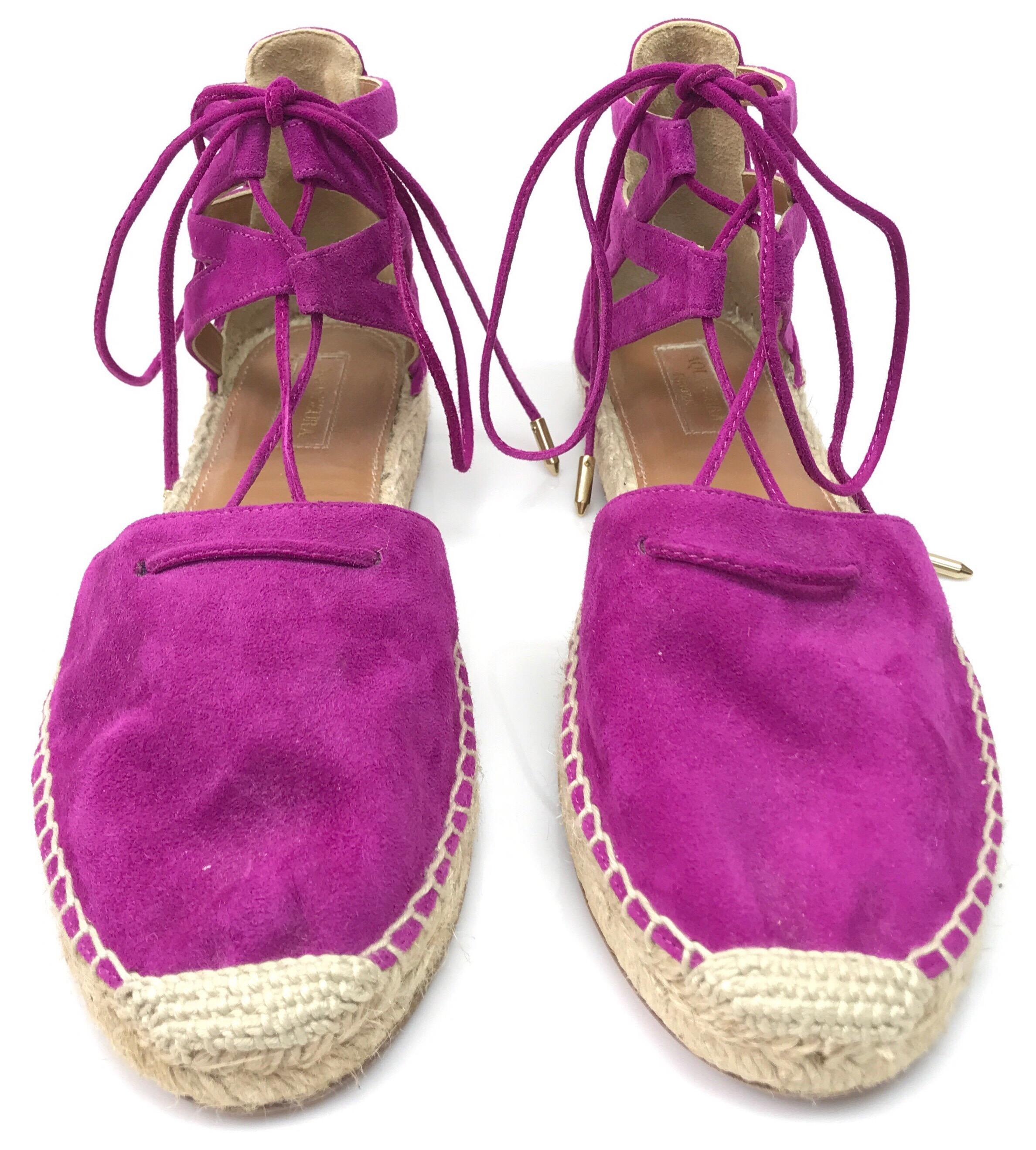 Aquazzura Fuchsia Espadrilles-38. These adorable Aquazzura espadrilles are in great condition. They only show sign of use on the bottom with some of the surface rubbed away. They are made of a fuchsia suede material and have fuchsia suede laces with