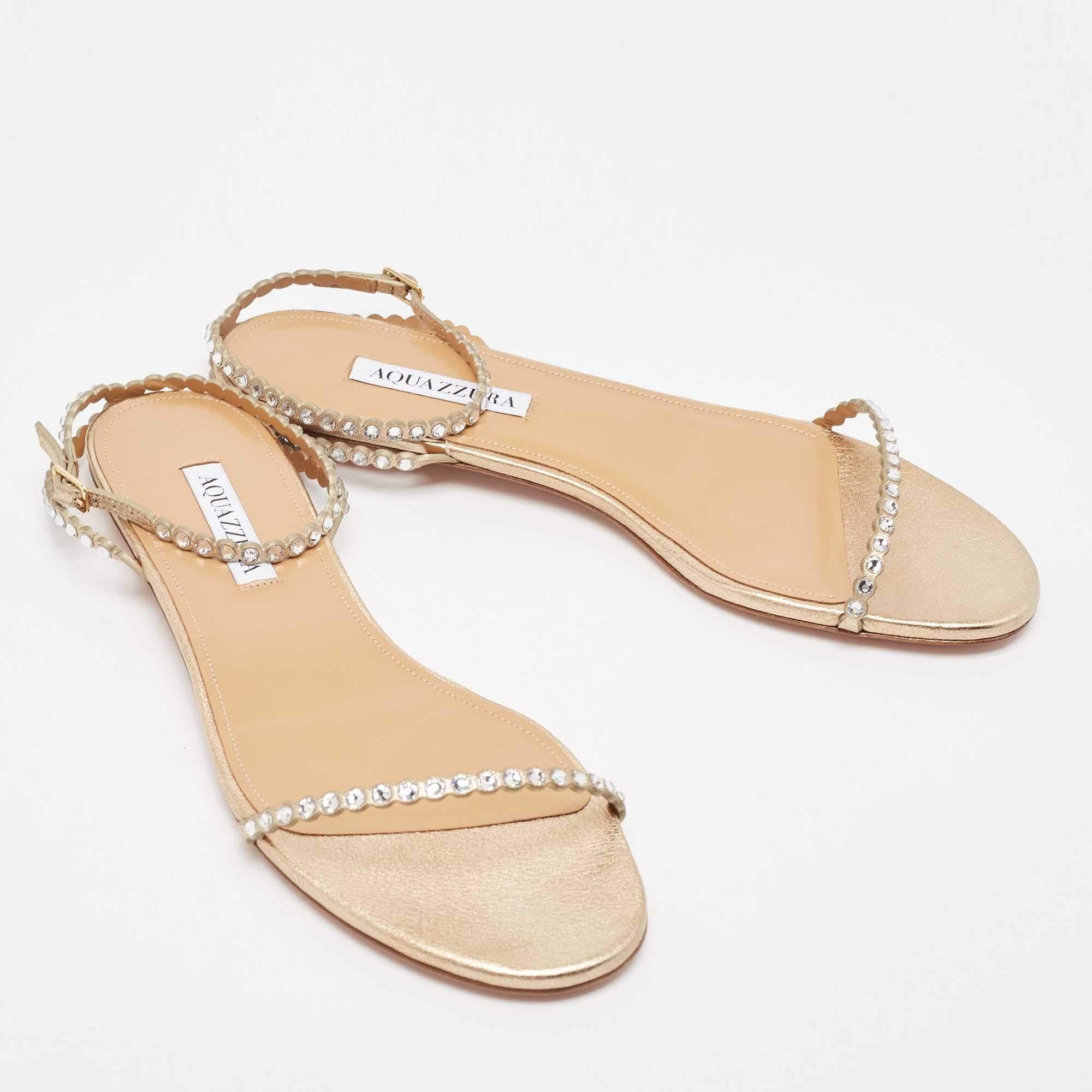 Aquazzura Gold Crystal Embellished Leather Mini Tequila Flat Sandals Size 40 2