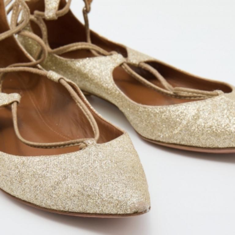 Women's Aquazzura Gold Glitter Christy Lace Up Pointed Toe Ballet Flats Size 35.5 For Sale