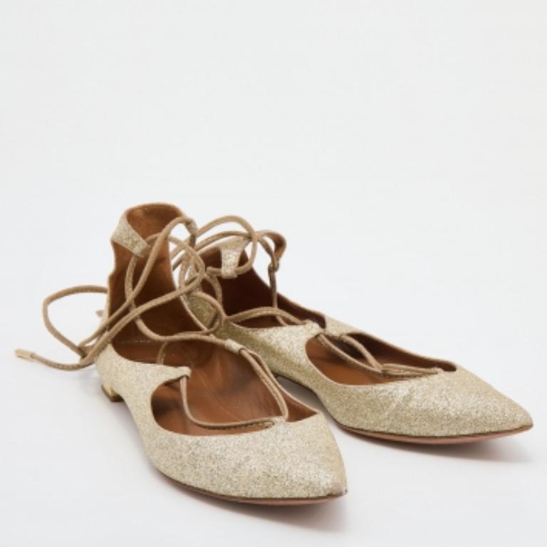Aquazzura Gold Glitter Christy Lace Up Pointed Toe Ballet Flats Size 35.5 For Sale 1