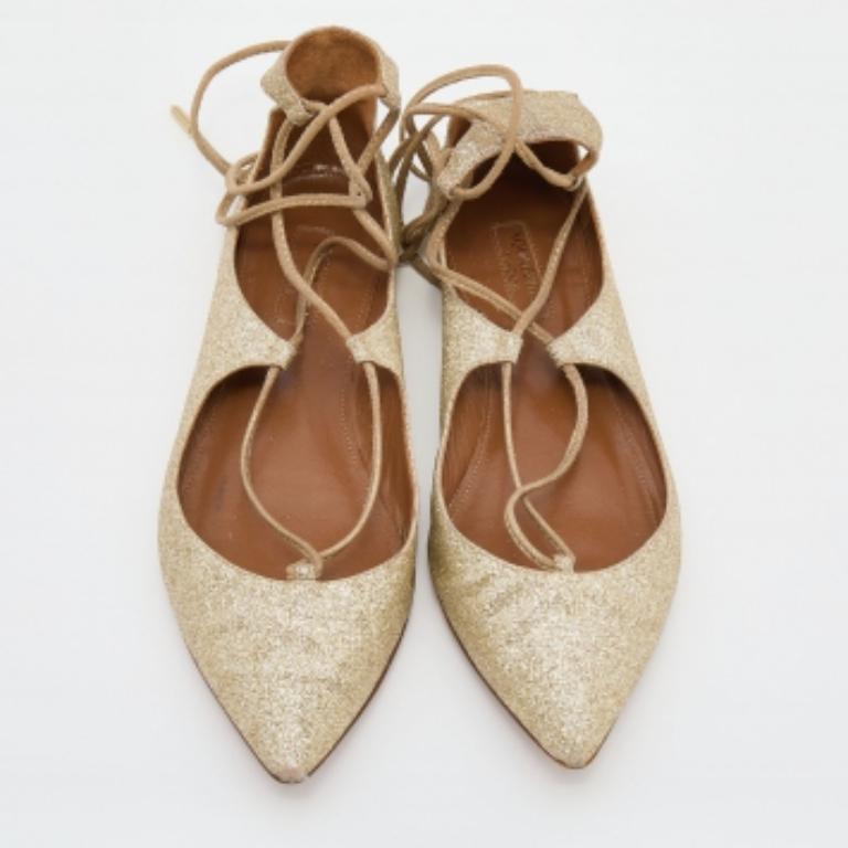 Aquazzura Gold Glitter Christy Lace Up Pointed Toe Ballet Flats Size 35.5 For Sale 2