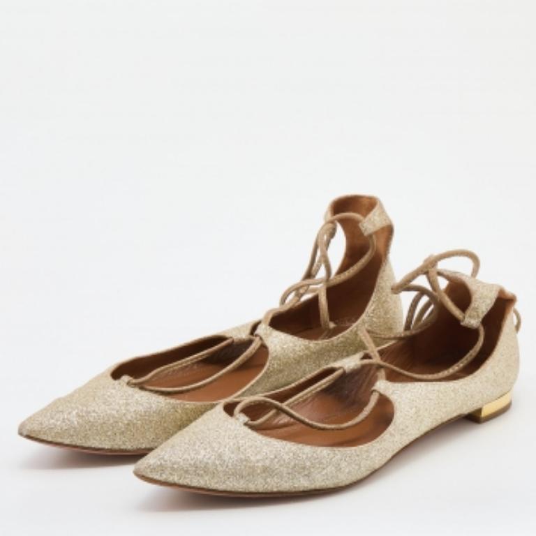 Aquazzura Gold Glitter Christy Lace Up Pointed Toe Ballet Flats Size 35.5 For Sale 3