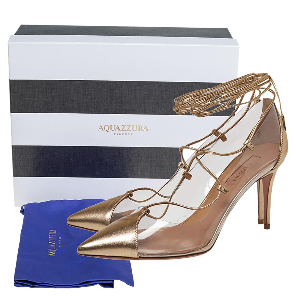 Women's Aquazzura Gold Leather And PVC Magic Ankle Wrap Pumps Size 37.5 For Sale