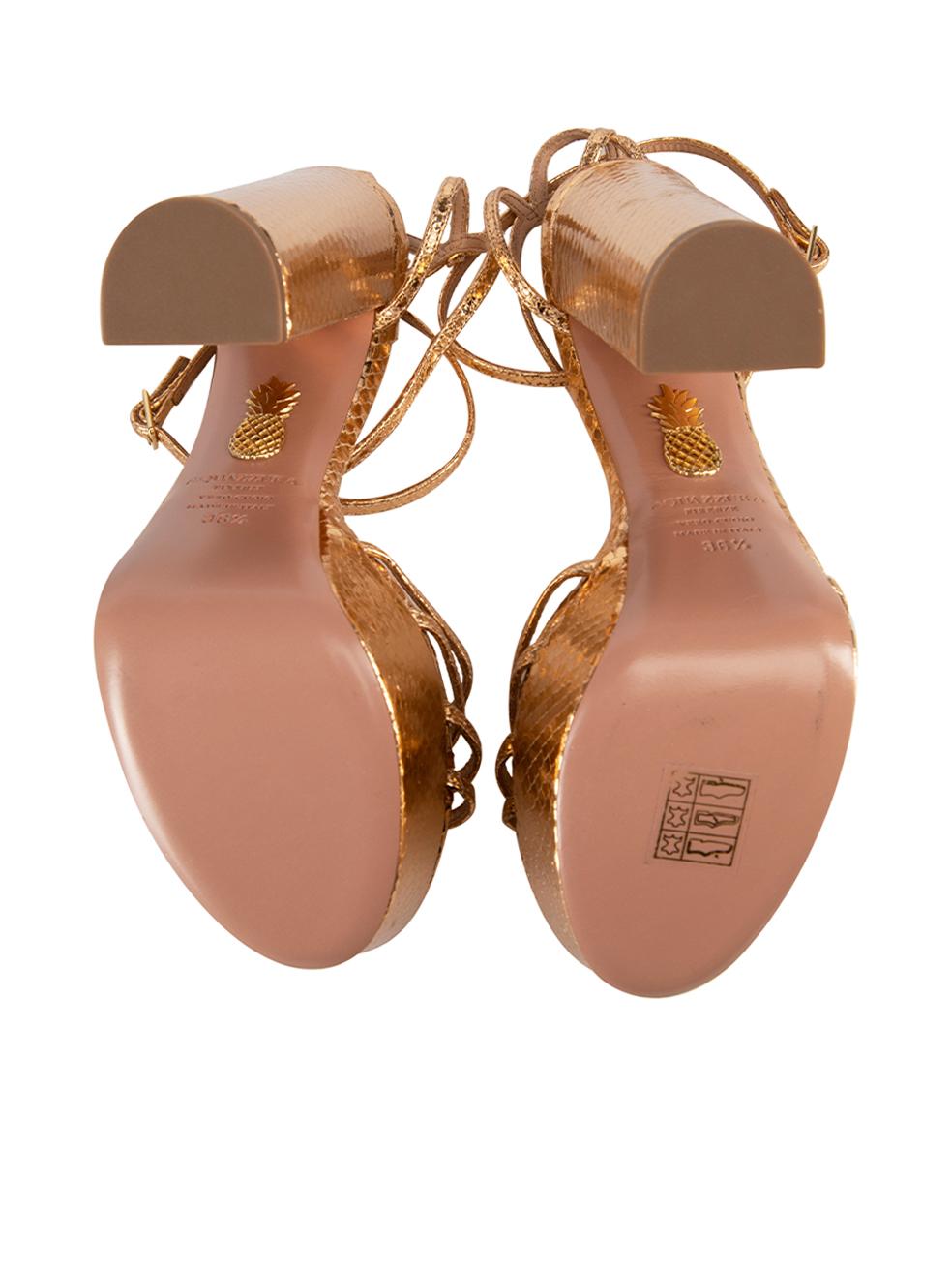 Women's Aquazzura Gold Leather Embossed Snakeskin Sandals Size IT 36.5