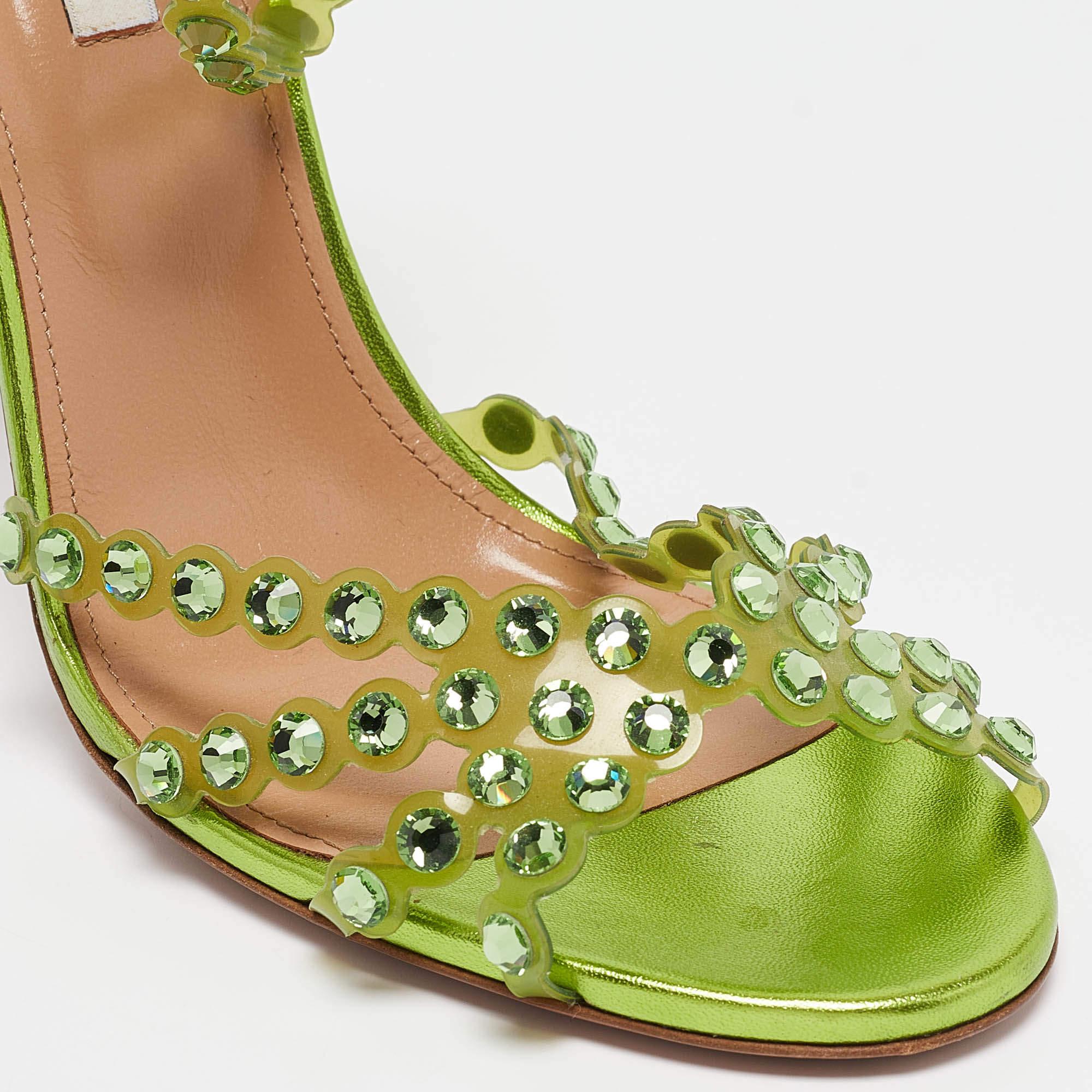 Aquazzura Green PVC Crystal Ankle Strap Sandals Size 41 2