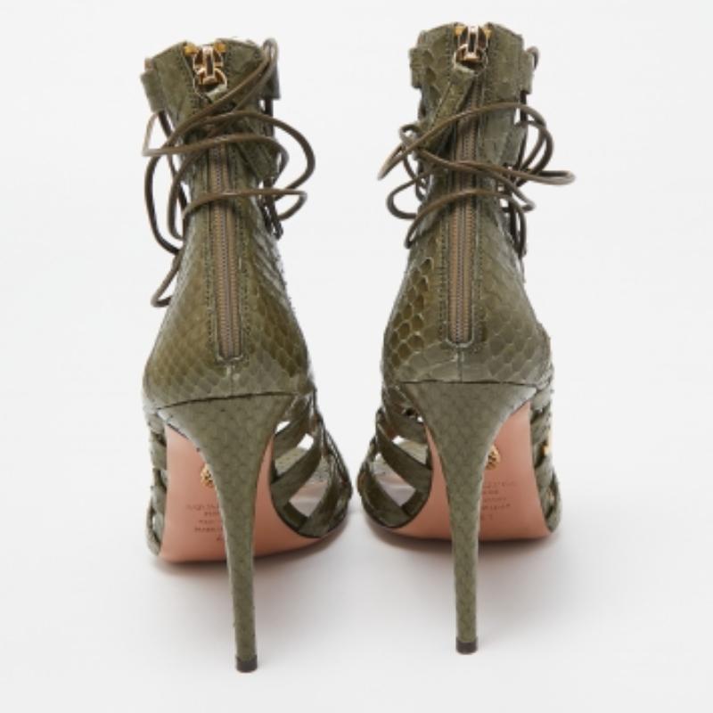Brown Aquazzura Green Python Amazon Lace Up Open Toe Sandals Size 41 For Sale