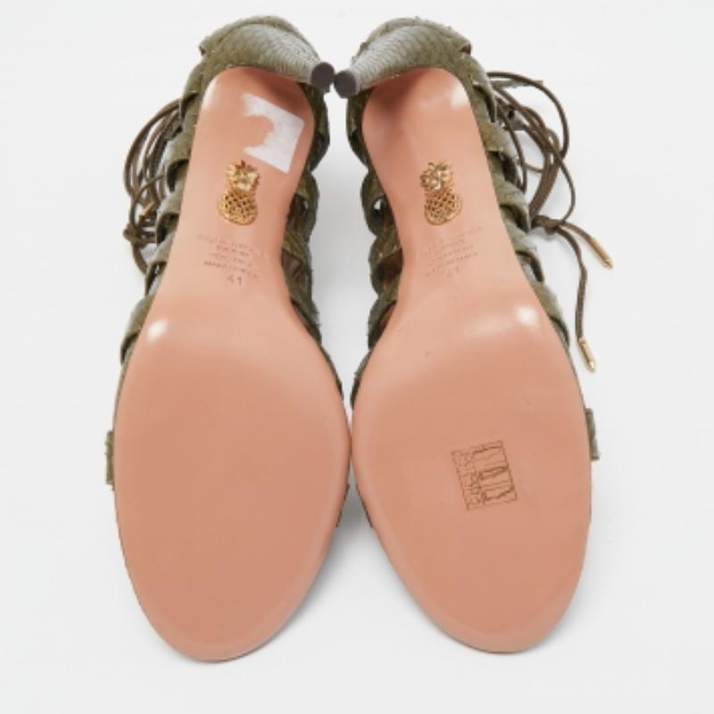 Aquazzura Green Python Amazon Lace Up Open Toe Sandals Size 41 In Good Condition For Sale In Dubai, Al Qouz 2