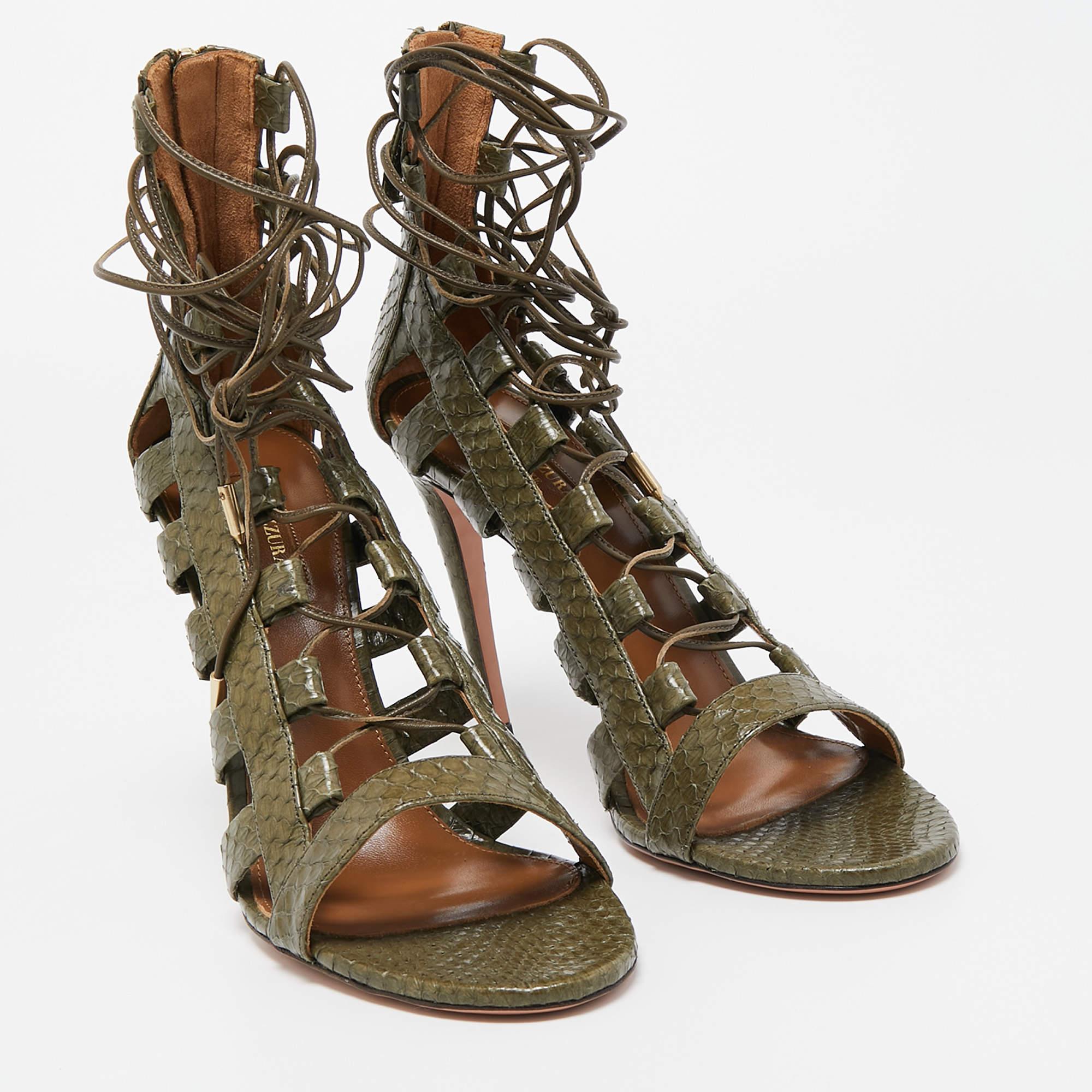 Women's Aquazzura Green Python Amazon Lace Up Open Toe Sandals Size 41