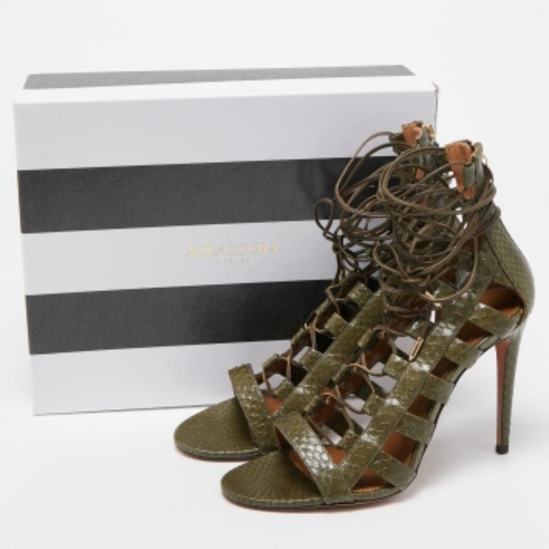 Aquazzura Green Python Amazon Lace Up Open Toe Sandals Size 41 For Sale 1