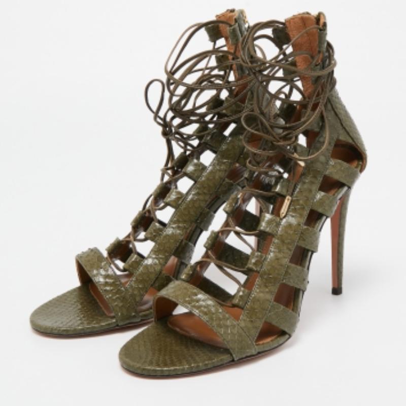 Aquazzura Green Python Amazon Lace Up Open Toe Sandals Size 41 For Sale 2
