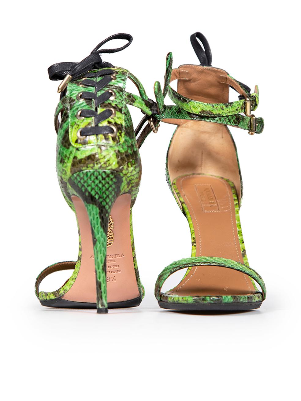 Aquazzura Green Snakeskin Laced Heeled Sandals Size IT 39.5 In Good Condition For Sale In London, GB