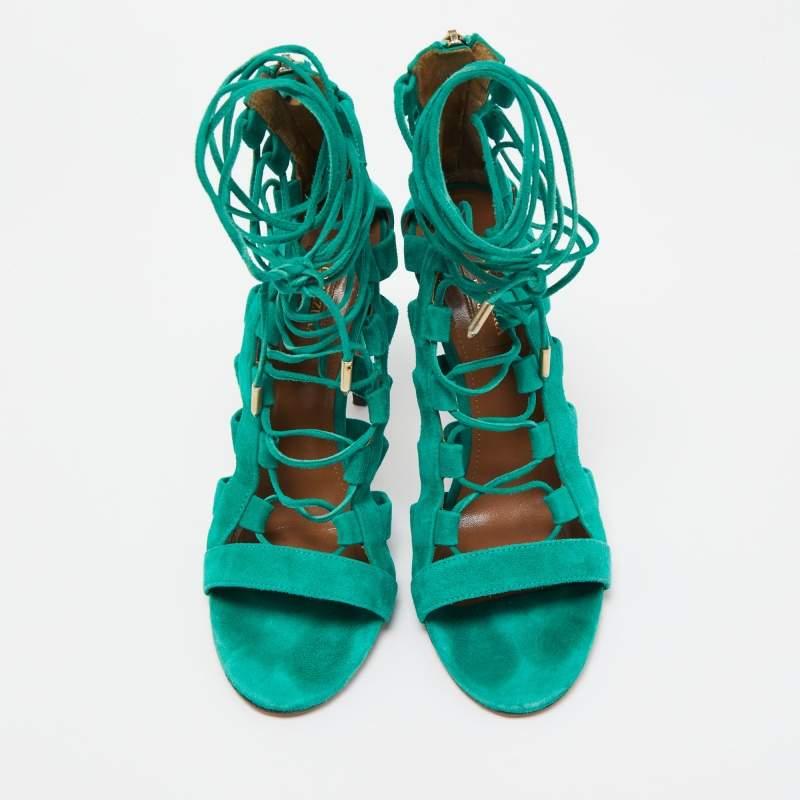 Aquazzura Green Suede Amazon Lace Up Sandals Size 38 In Good Condition For Sale In Dubai, Al Qouz 2