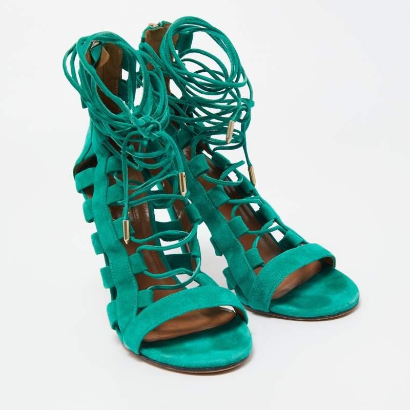 Women's Aquazzura Green Suede Amazon Lace Up Sandals Size 38 For Sale