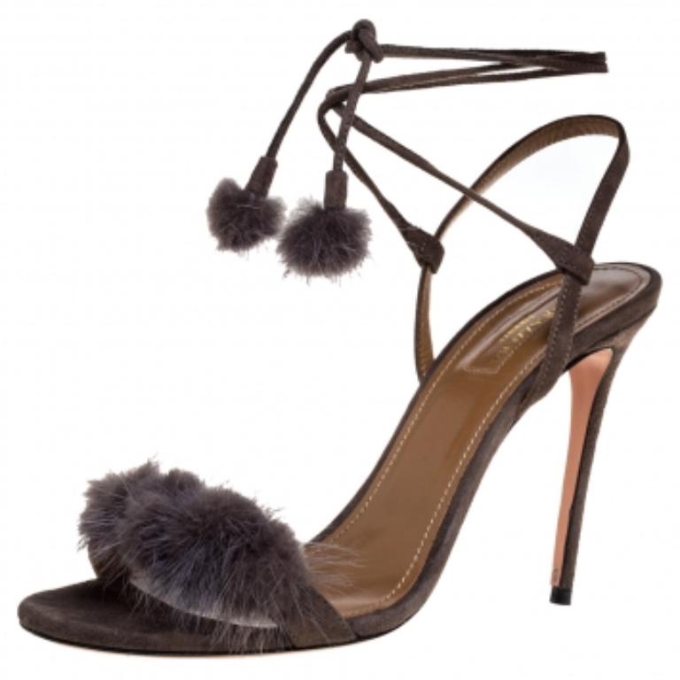 Black Aquazzura Grey Mink Fur and Suede Wild Russian Ankle Wrap Sandals Size 39 For Sale