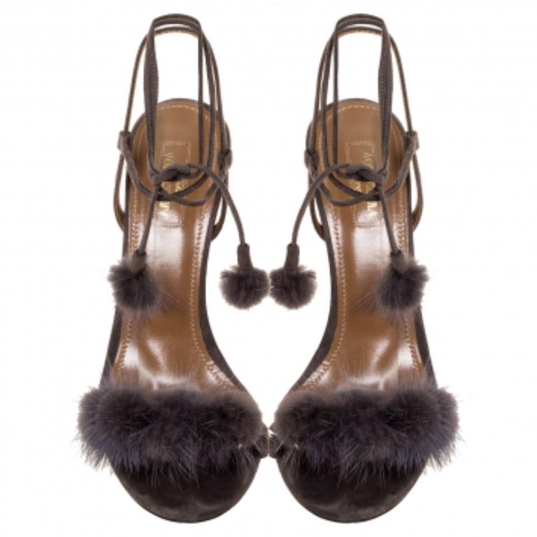 Aquazzura Grey Mink Fur and Suede Wild Russian Ankle Wrap Sandals Size 39 In Good Condition For Sale In Dubai, Al Qouz 2