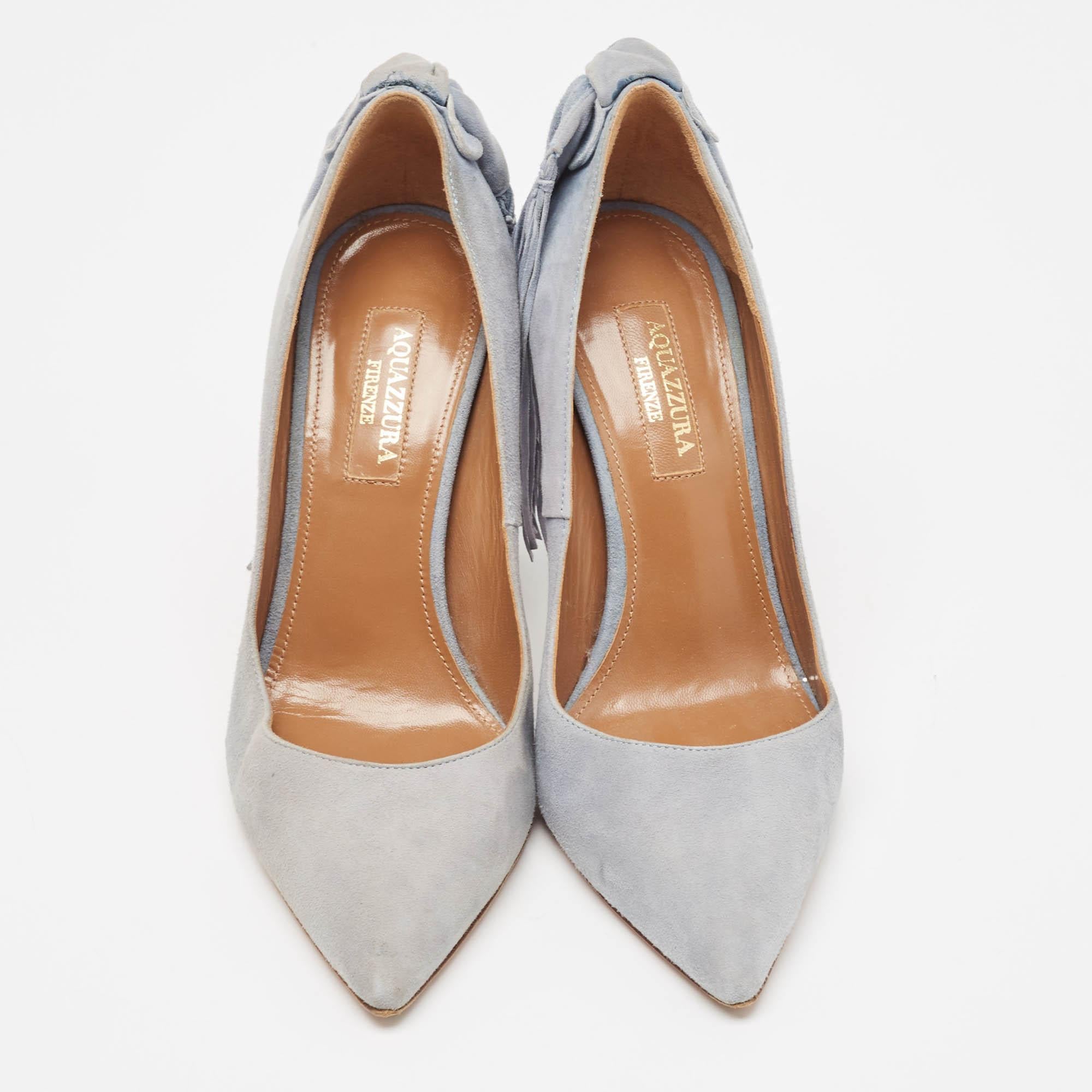 Gray Aquazzura Grey Suede Bow Fringe Pumps Size 35 For Sale