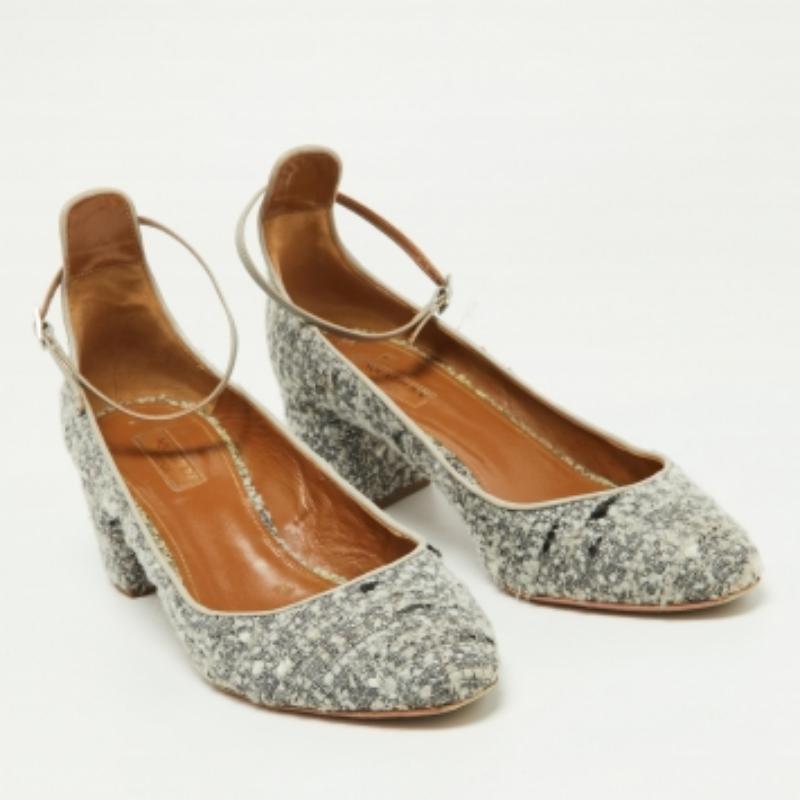 Aquazzura escarpins à talons blocs en tweed et cuir gris, taille 40 en vente 1