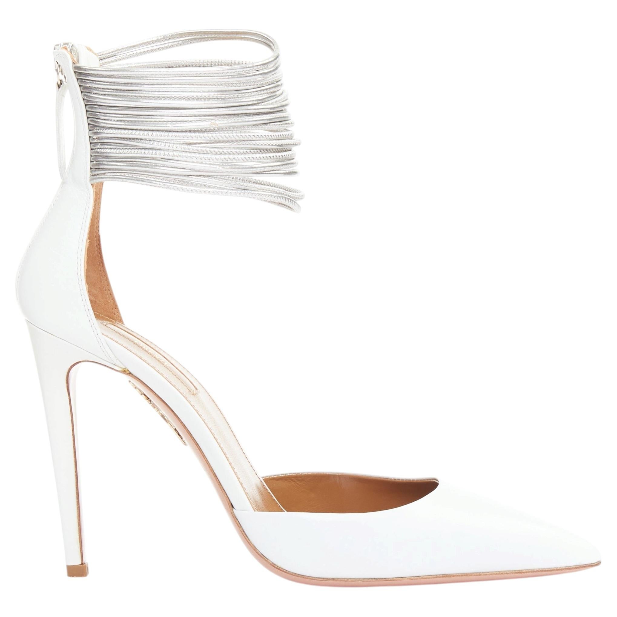 AQUAZZURA Hello Lover 105 white calf silver corded ankle strap pumps EU37.5
