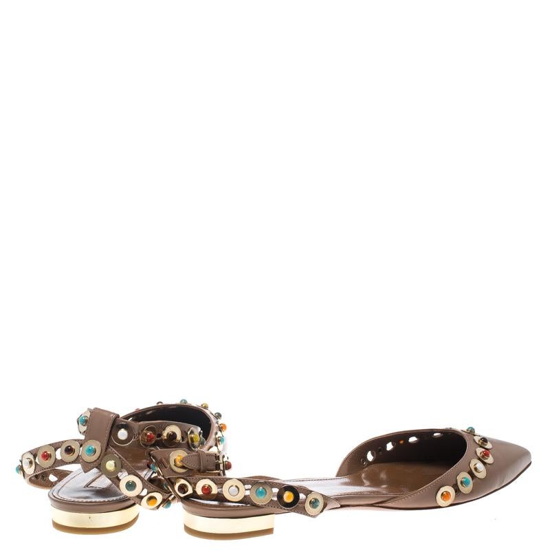 Aquazzura Leather Byzantine Stud Embellished Pointed Toe Flat Sandals Size 38 (Braun)