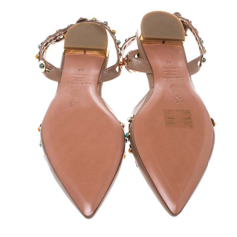 Aquazzura Leather Byzantine Stud Embellished Pointed Toe Flat Sandals Size 38 1