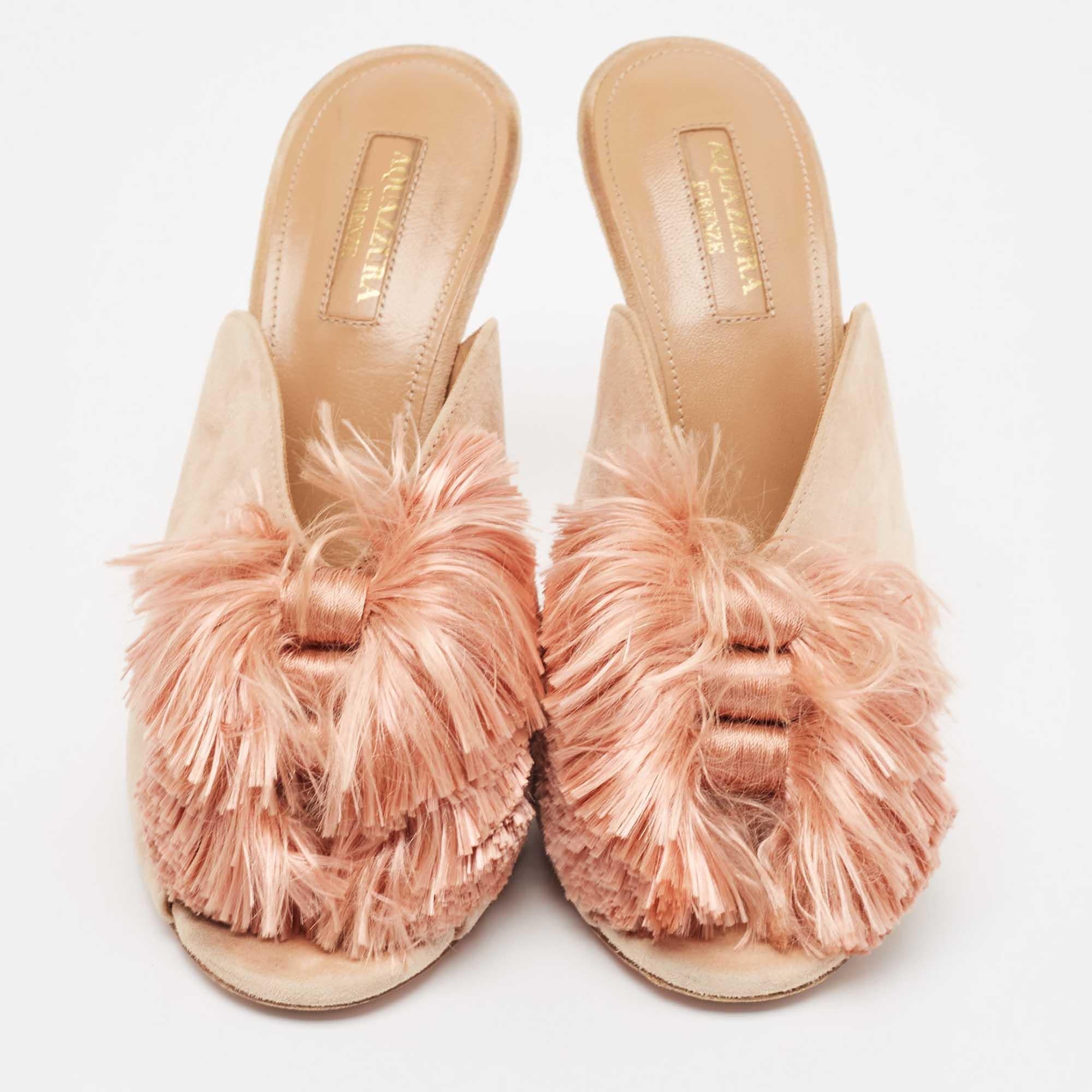 Beige Aquazzura Light Pink Suede Lotus Blossom Peep Toe Mules Size 38