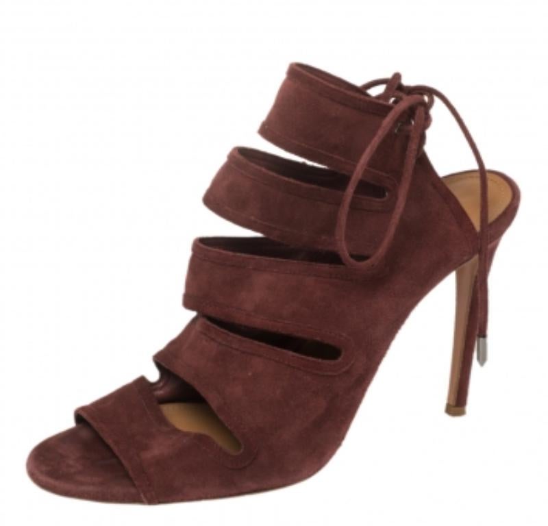 Women's Aquazzura Maroon Suede Sloane Cutout Peep Toe Sandals Size 39 For Sale