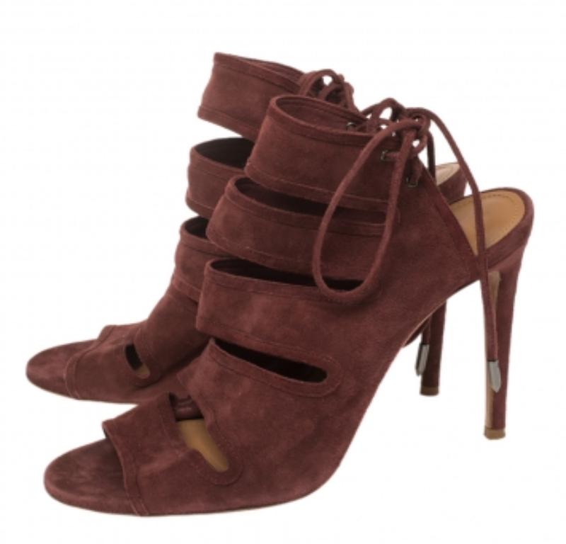 Aquazzura Maroon Suede Sloane Cutout Peep Toe Sandals Size 39 For Sale 1