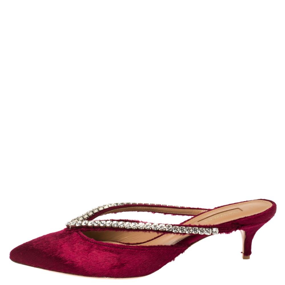 Aquazzura Maroon Velvet Sabine Crystal Embellished Mules Size 38 2