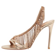 Aquazzura Metallic Gold Leather Embellished Ankle Strap Slingback Sandals Size 3