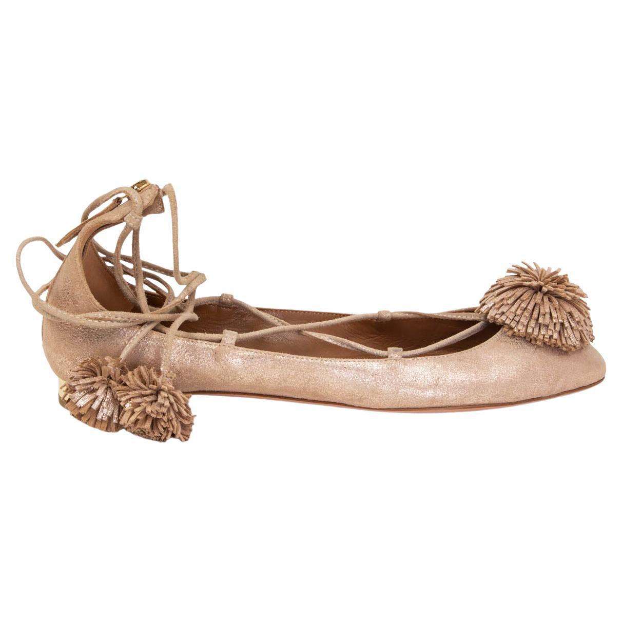 AQUAZZURA metallic nude leather SUNSHINE Ballet Flats Shoes 40 For Sale