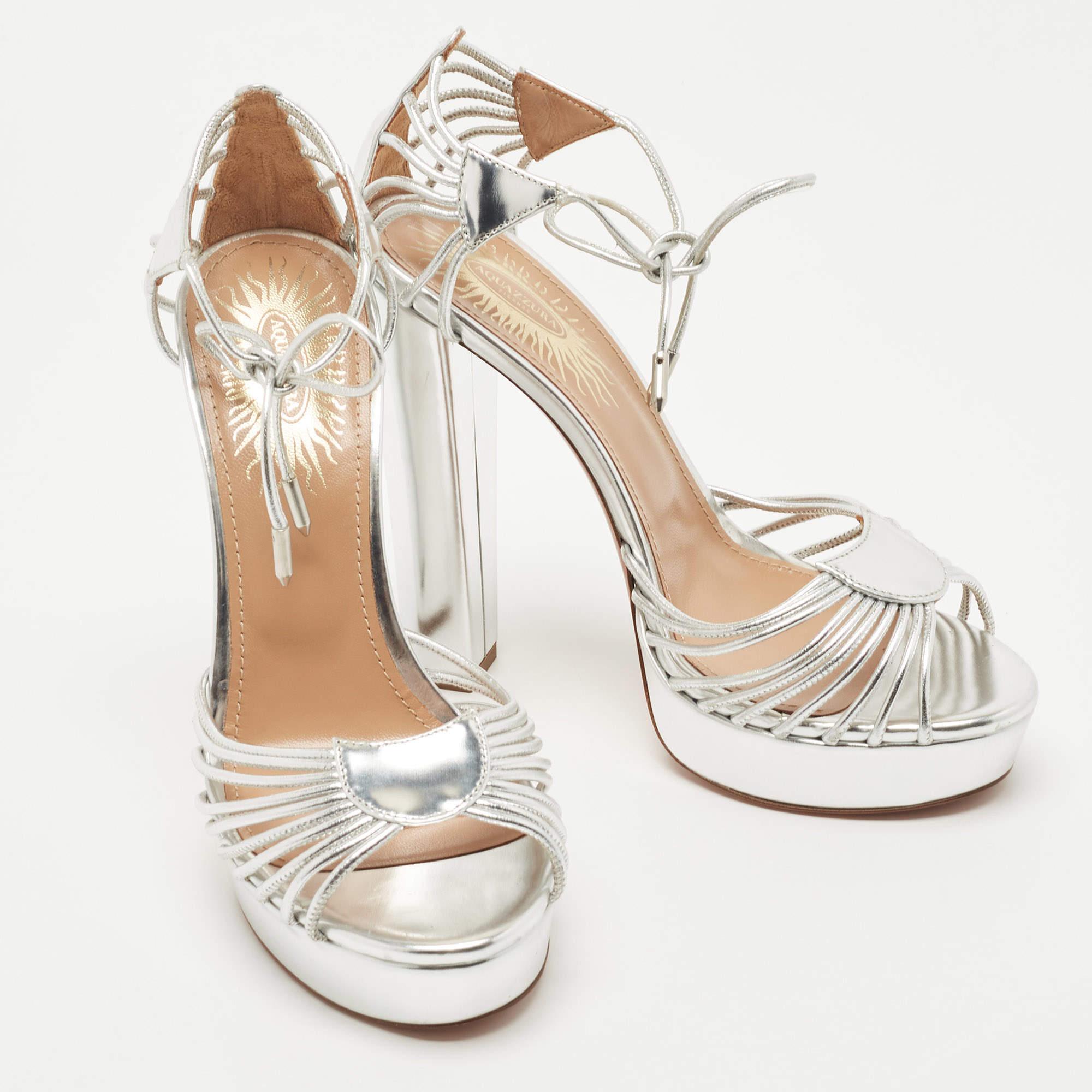 Aquazzura Metallic Silver Leather Josephine Platform Ankle Strap Sandals Size 38 1