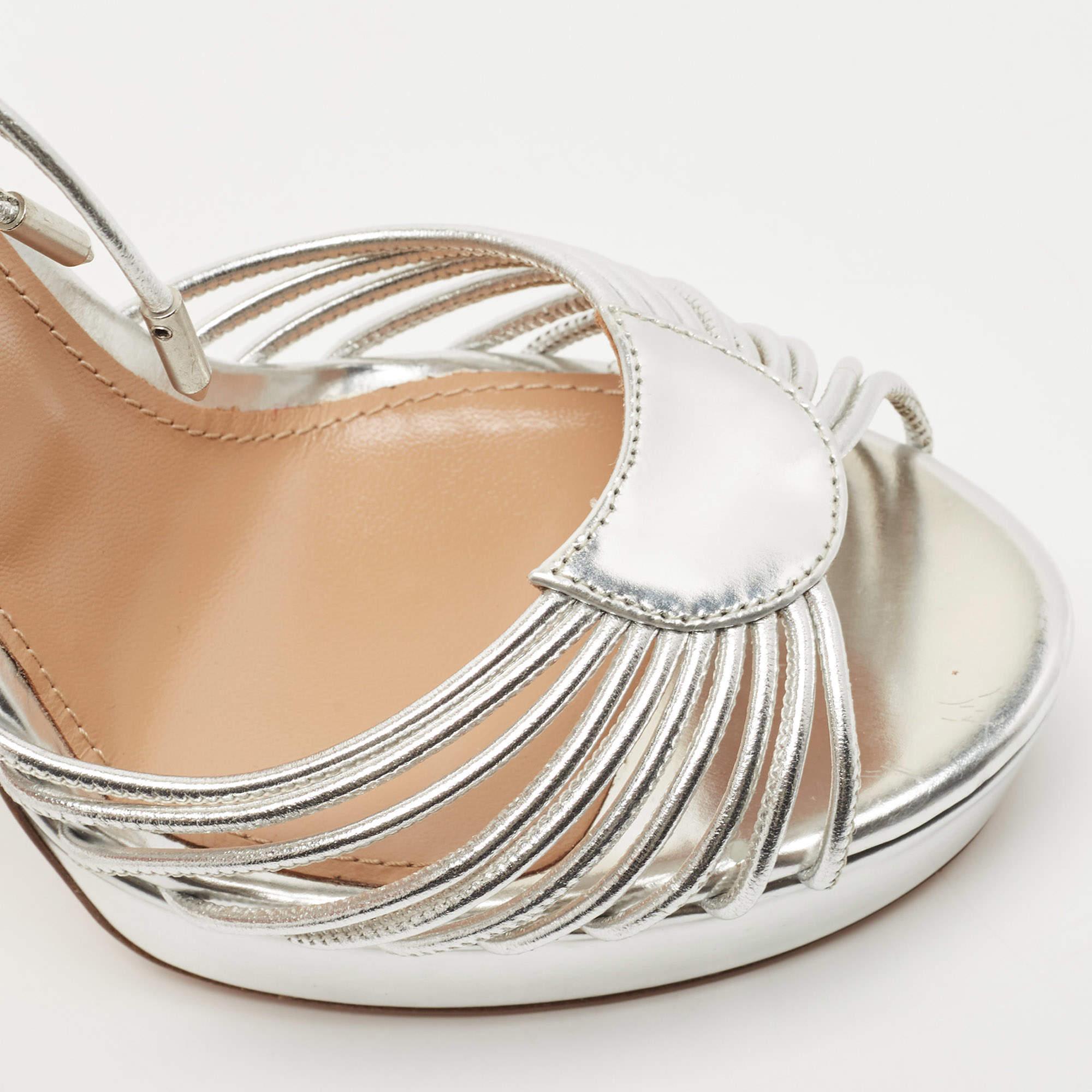Aquazzura Metallic Silver Leather Josephine Platform Ankle Strap Sandals Size 38 2