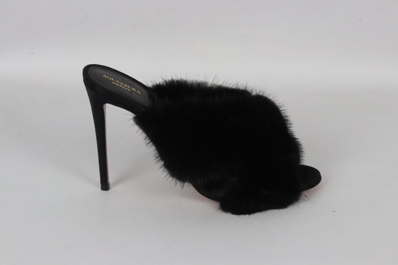 Aquazzura mink fur and satin mules. Black. Slip on. Does not come with dustbag or box. Size: EU 38.5 (UK 5.5, US 8.5). Insole: 9.5 in. Heel Height: 3.2 in. Platform: 0.2 in. New without box