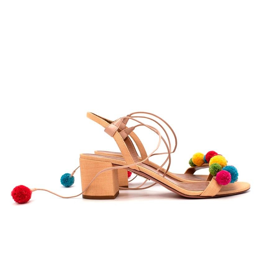  Aquazzura Multi-Coloured Pom Pom City Sandals
 

 -Multi-coloured sandals featuring red, yellow,green, blue, and pink pompoms on a canvas block heeled sandal
 -Self-tie straps with pompom trim
 

 Materials 
 Leather 
 

 Made in Italy 
 

 PLEASE