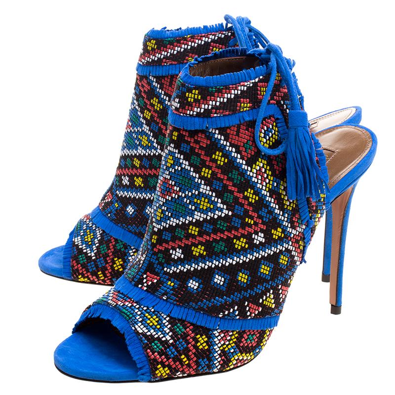 Aquazzura Multicolor Embroidered Suede Colorado Peep Toe Sandals Size 38.5 In New Condition In Dubai, Al Qouz 2