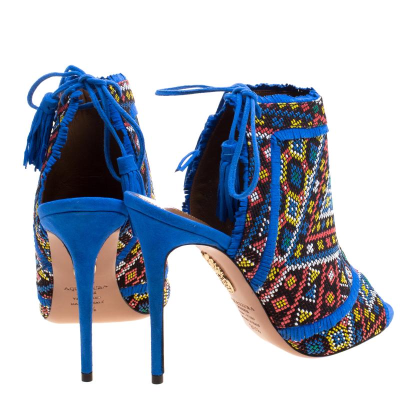 Women's Aquazzura Multicolor Embroidered Suede Colorado Peep Toe Sandals Size 38.5