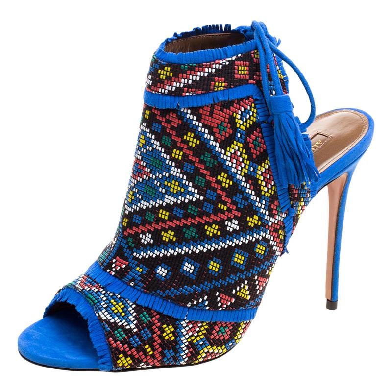 Aquazzura Multicolor Embroidered Suede Colorado Peep Toe Sandals Size 38.5