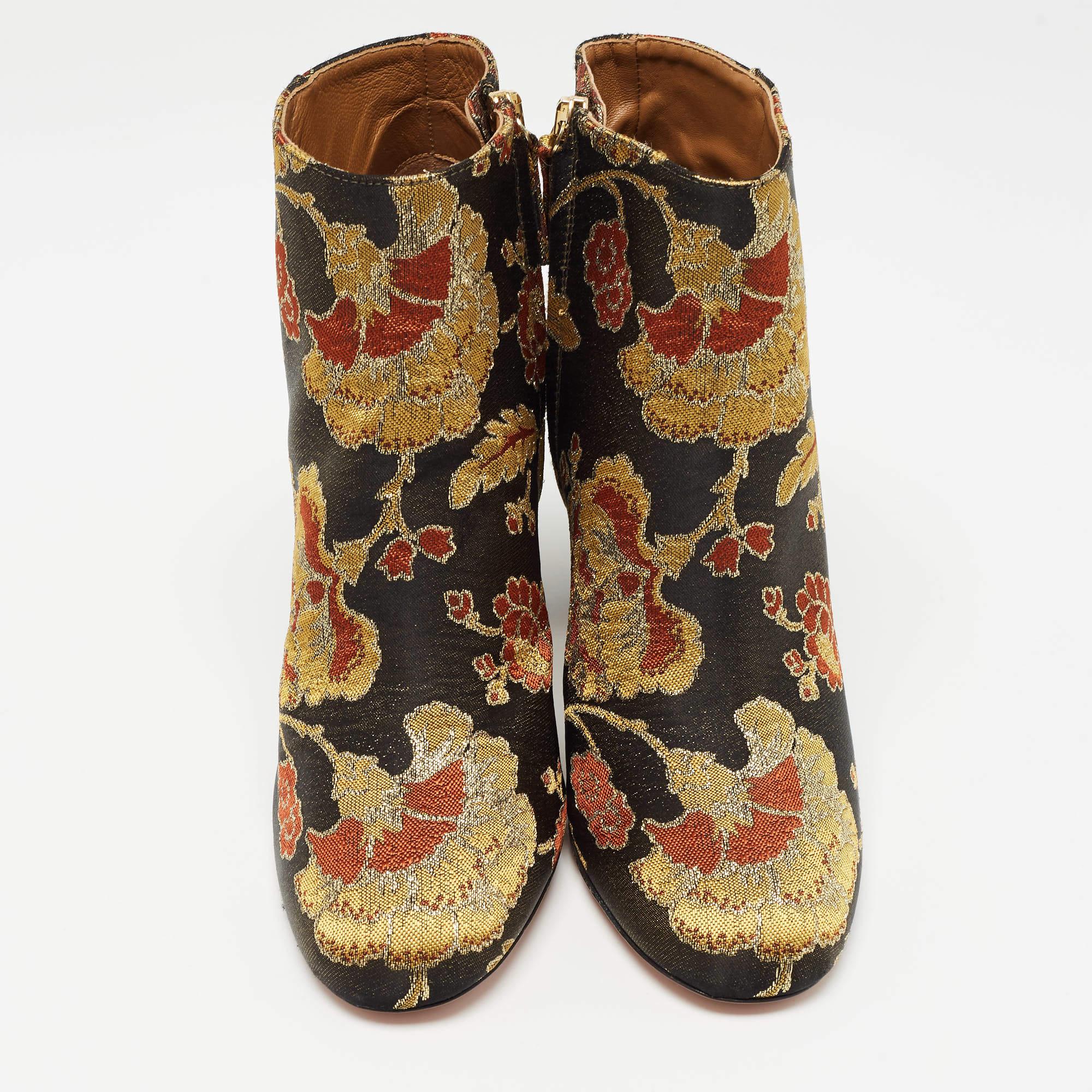 Marron Aquazzura - Bottines à fermeture éclair en tissu brocart à fleurs multicolores, taille 37