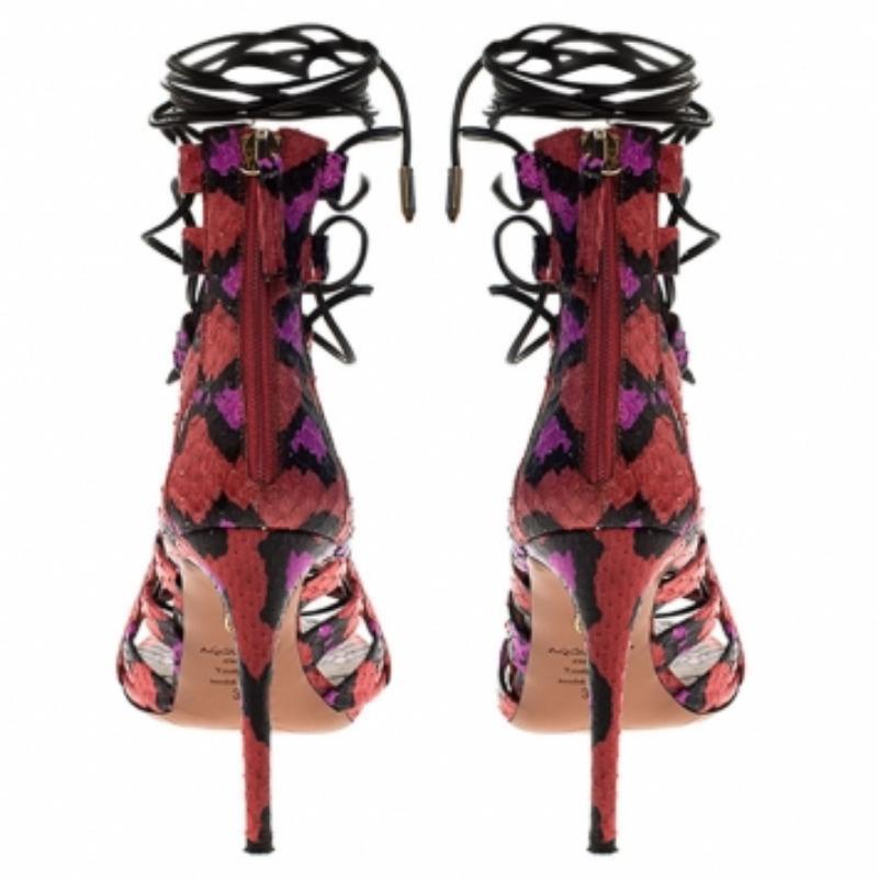 Nero Aquazzura Multicolor Python Leather Elaphe Cut Out Ankle Wrap Sandals Size 37 in vendita