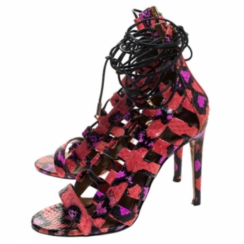 Aquazzura Multicolor Python Leather Elaphe Cut Out Ankle Wrap Sandals Size 37 In condizioni buone in vendita a Dubai, Al Qouz 2