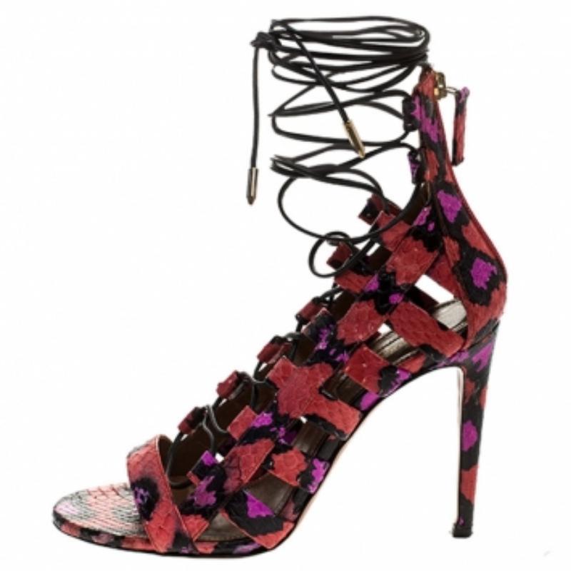Donna Aquazzura Multicolor Python Leather Elaphe Cut Out Ankle Wrap Sandals Size 37 in vendita
