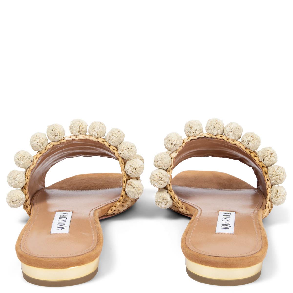 AQUAZZURA natural beige RAFFIA POMPOM Slides Flat Sandals Shoes 36 In New Condition For Sale In Zürich, CH